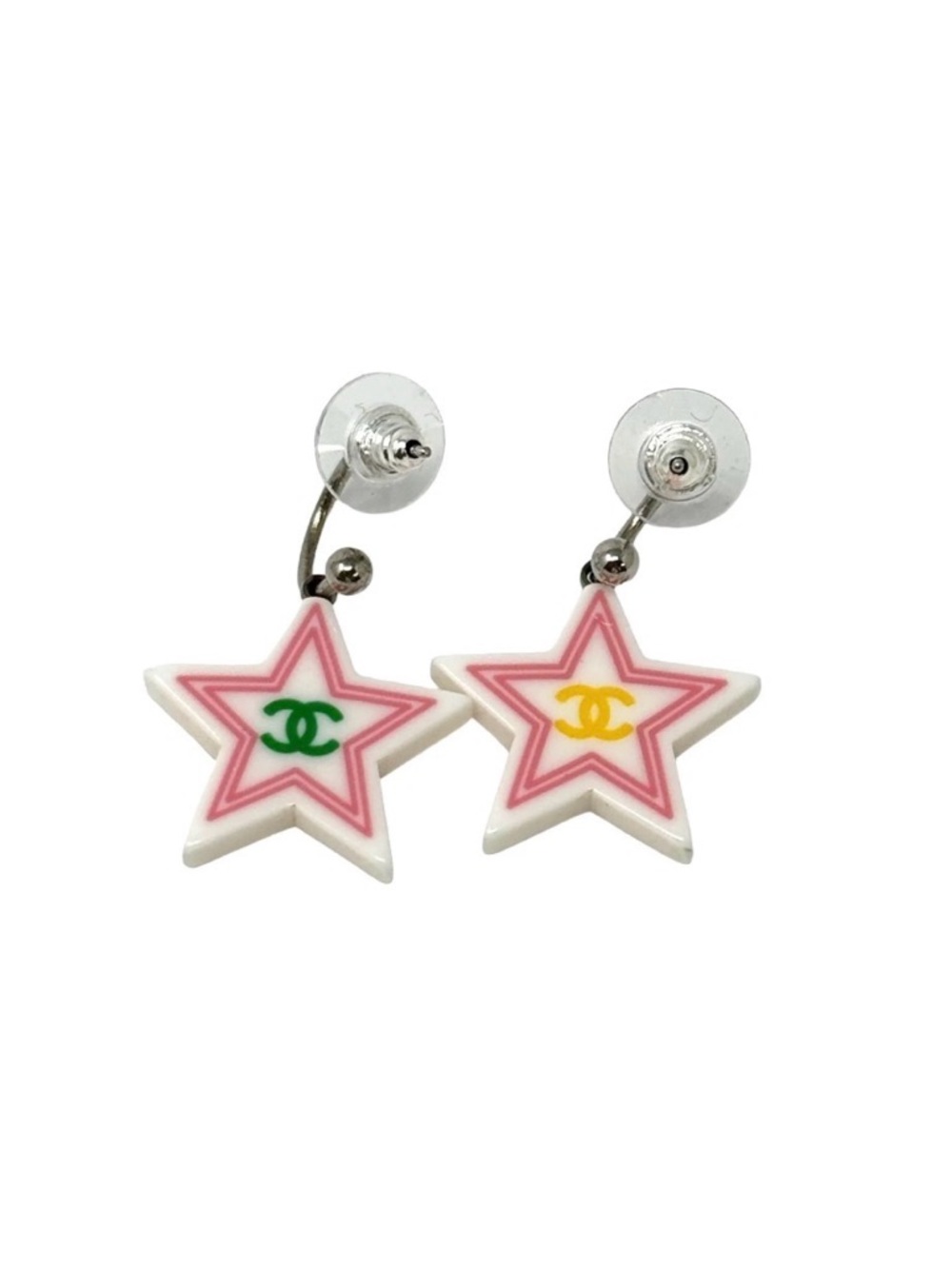 CHANEL White & Pink Star Drop Earrings Green Yellow Logo CCs great condition